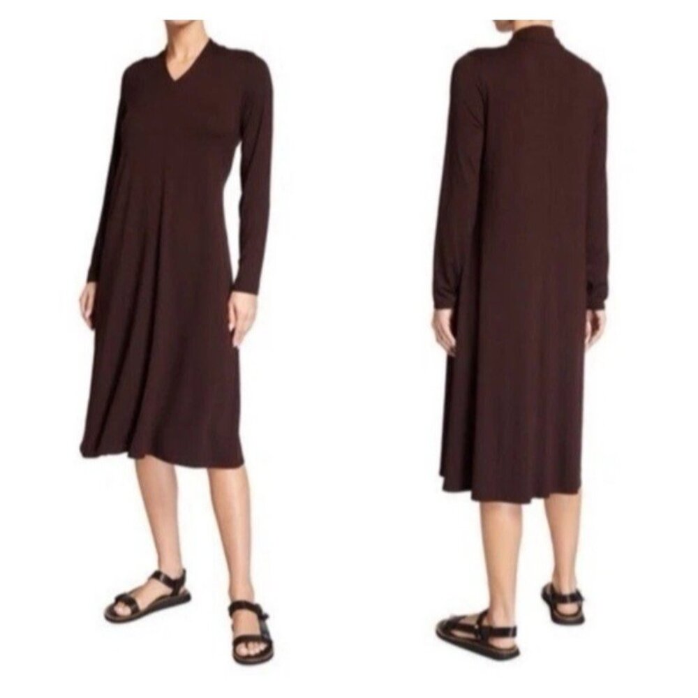 Eileen Fisher Dress Brown Raisin XS Extra Small Long Sleeve Pleat Back